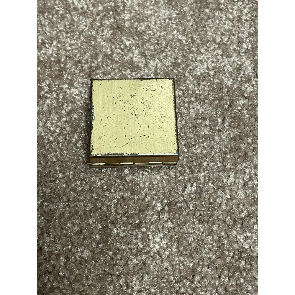 Vintage Fleur de Lis 1960'S Square Metal Brass Hinged Pill Box Compact Blue Lid